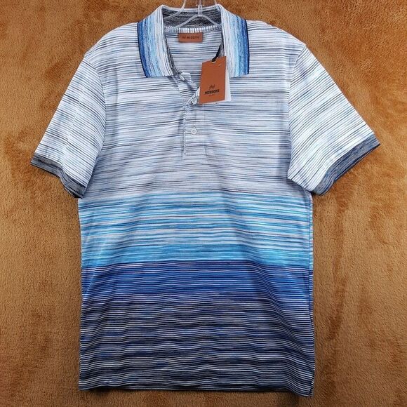 MISSONI Polo Shirt Mens Small Blue Stripe Short Sleeve Cotton Pique $380 - Picture 2 of 10